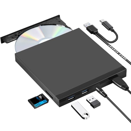 ROOFULL External CD DVD Drive Burner USB 3.0 Type-C with Extra USB Ports and SD Reader, Portable DVD/CD ROM +/-RW Optical Disc Drive Player for Mac & Windows 11/10/8/7 Laptop Desktop PC - Image 1