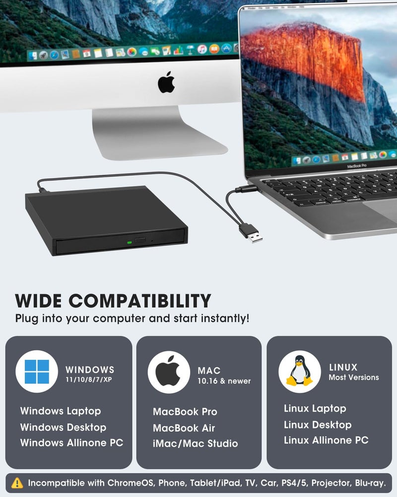 ROOFULL External CD DVD Drive Burner USB 3.0 Type-C with Extra USB Ports and SD Reader, Portable DVD/CD ROM +/-RW Optical Disc Drive Player for Mac & Windows 11/10/8/7 Laptop Desktop PC - Image 5