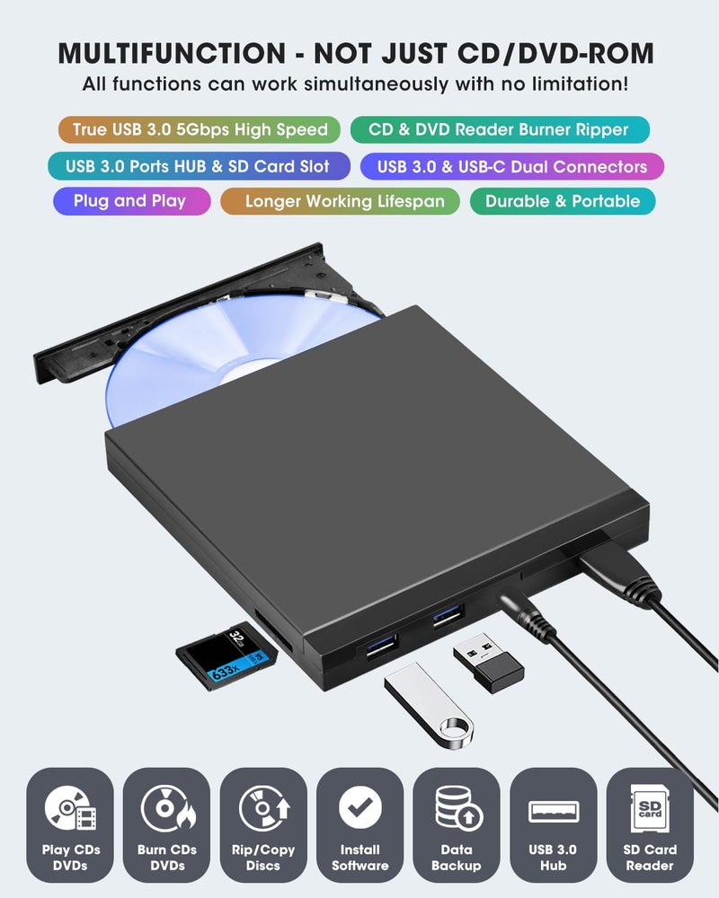 ROOFULL External CD DVD Drive Burner USB 3.0 Type-C with Extra USB Ports and SD Reader, Portable DVD/CD ROM +/-RW Optical Disc Drive Player for Mac & Windows 11/10/8/7 Laptop Desktop PC - Image 2