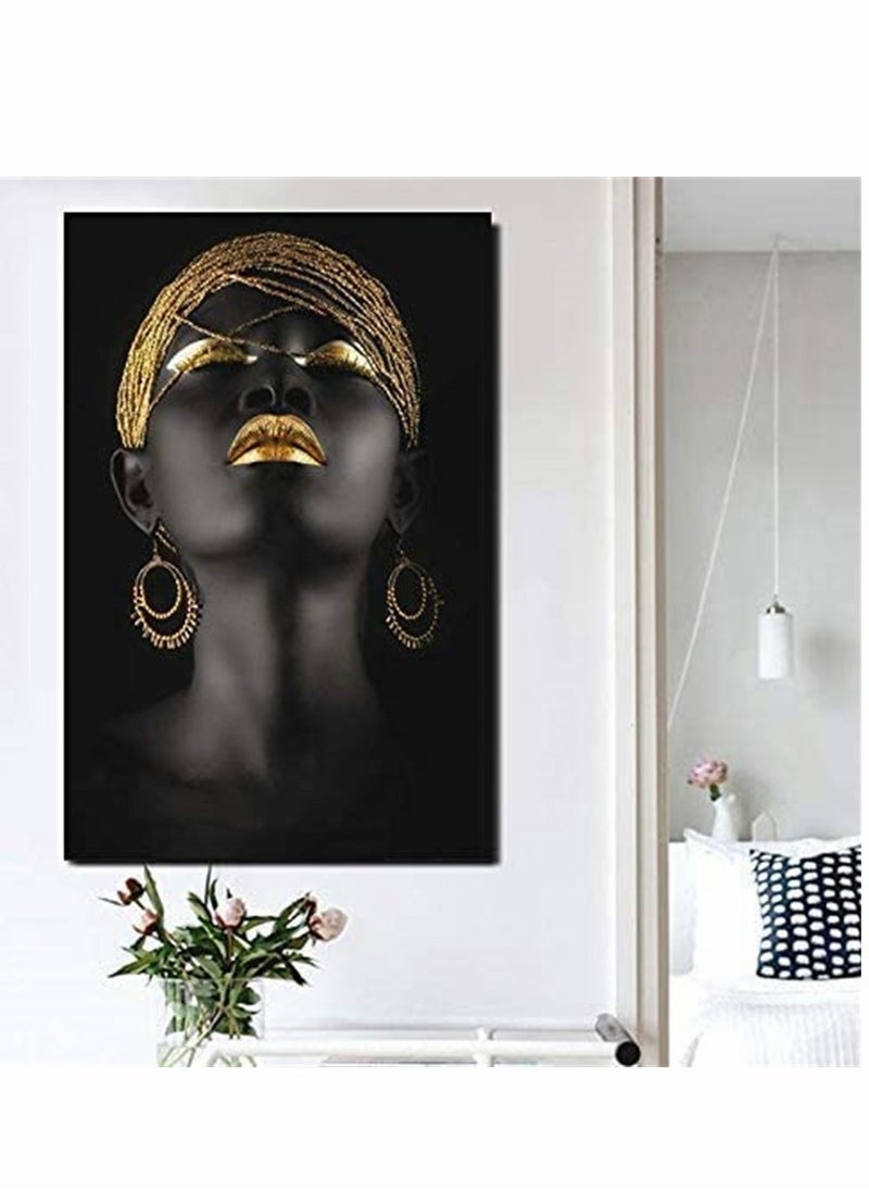 Wall Painting, African Women Art Wall Decor Canvas Wall Art Original Designed Pop Gold earrings necklace Black Pretty Girl Style Painting on Canvas Poster Print without Frame ( 50 x 70 cm ) - Image 2
