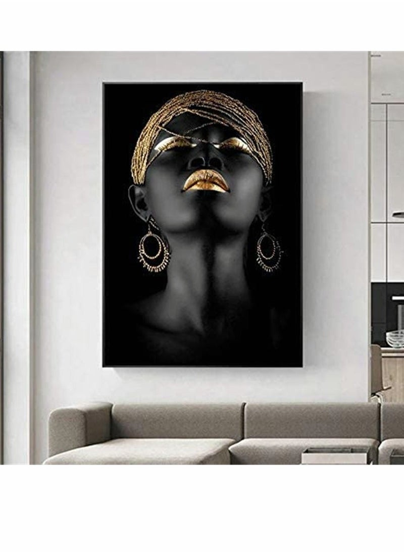 Wall Painting, African Women Art Wall Decor Canvas Wall Art Original Designed Pop Gold earrings necklace Black Pretty Girl Style Painting on Canvas Poster Print without Frame ( 50 x 70 cm ) - Image 3