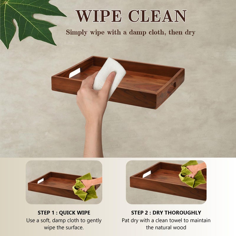 Ariya 12 Inch Acacia Wooden Serving Tray with Cutout Handles, Handcrafted Tray, Perfect for Everyday Use, Home Decor, Dining Table, Kitchen, Food, Snacks & Drinks, Brown - Image 4