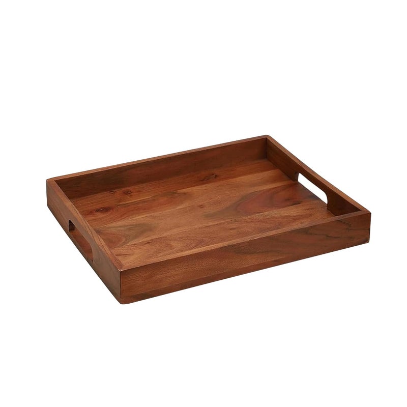 Ariya 12 Inch Acacia Wooden Serving Tray with Cutout Handles, Handcrafted Tray, Perfect for Everyday Use, Home Decor, Dining Table, Kitchen, Food, Snacks & Drinks, Brown - Image 1
