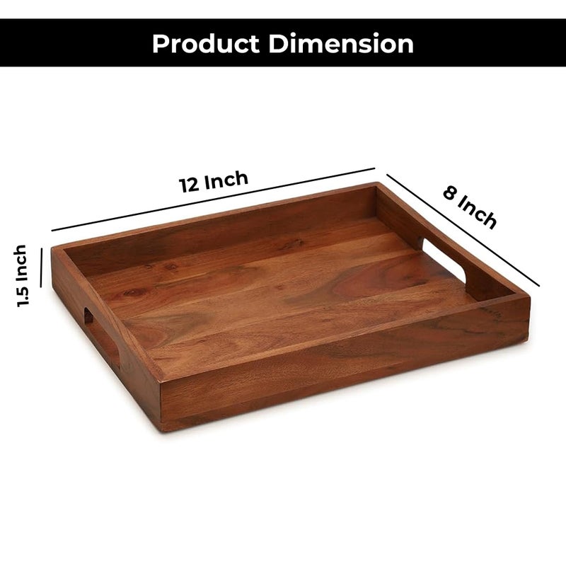 Ariya 12 Inch Acacia Wooden Serving Tray with Cutout Handles, Handcrafted Tray, Perfect for Everyday Use, Home Decor, Dining Table, Kitchen, Food, Snacks & Drinks, Brown - Image 3