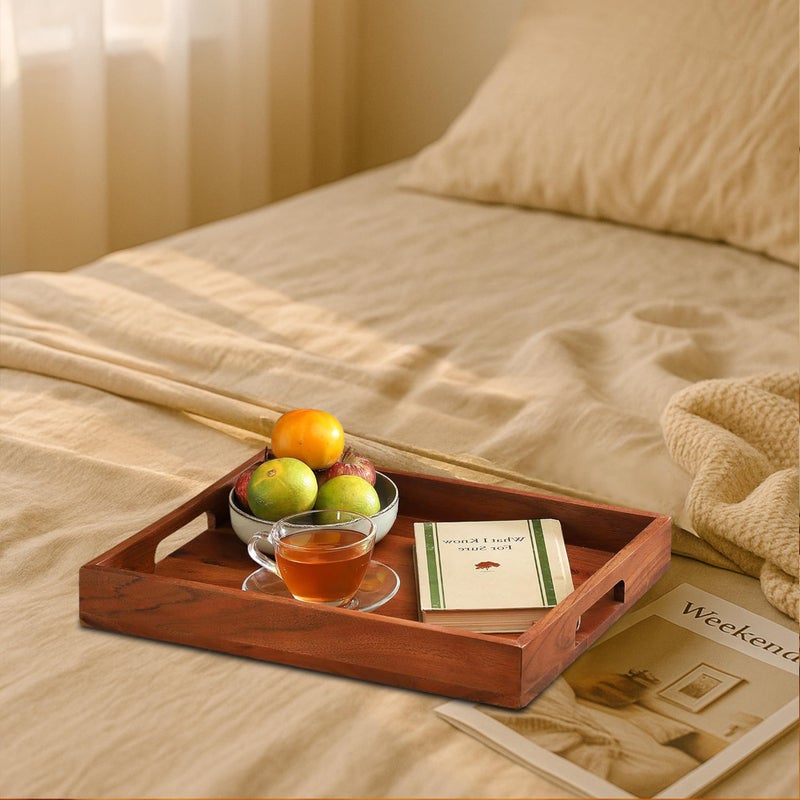 Ariya 12 Inch Acacia Wooden Serving Tray with Cutout Handles, Handcrafted Tray, Perfect for Everyday Use, Home Decor, Dining Table, Kitchen, Food, Snacks & Drinks, Brown - Image 2