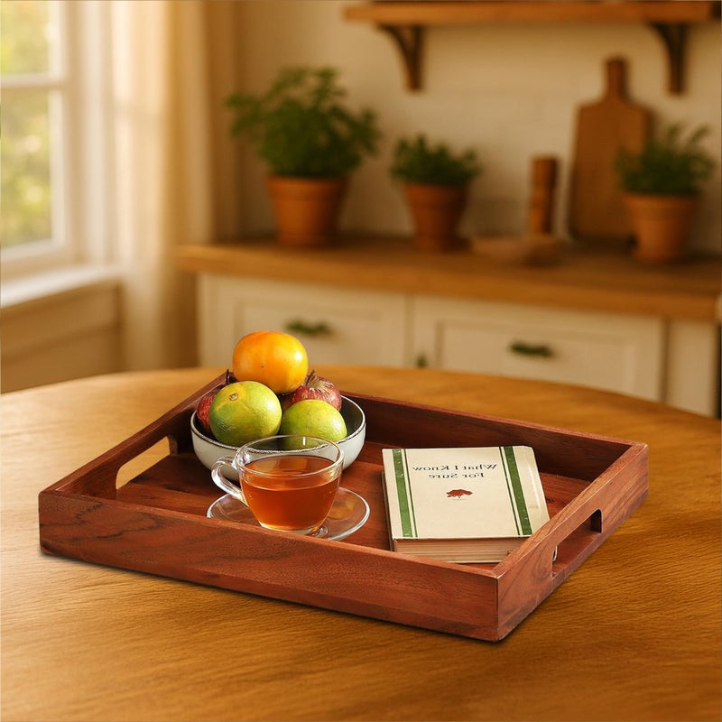 Ariya 12 Inch Acacia Wooden Serving Tray with Cutout Handles, Handcrafted Tray, Perfect for Everyday Use, Home Decor, Dining Table, Kitchen, Food, Snacks & Drinks, Brown - Image 5