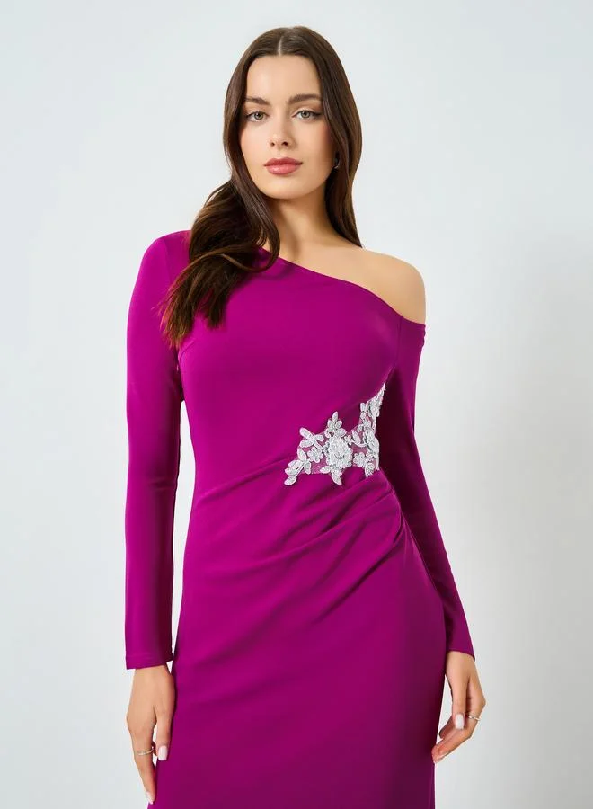 Take Two Purple One Shoulder Embellished Bodycon Midi Dress