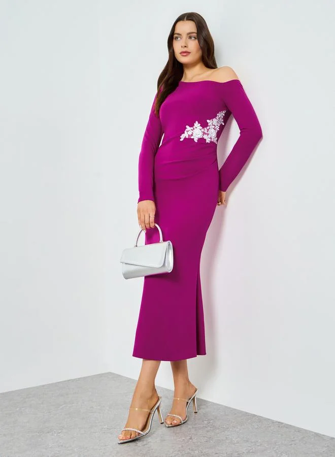 Take Two Purple One Shoulder Embellished Bodycon Midi Dress