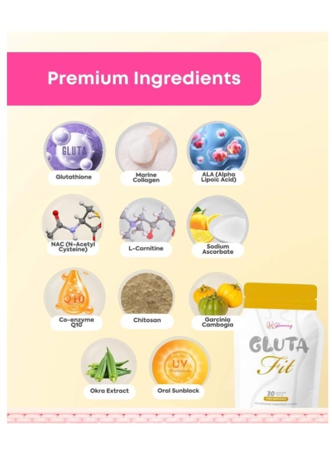 غلومنج غلوتا فيت (GLUTA Fit): إل-غلوتاثيون + كولاجين بحري مع إل-كارنيتين (100 ملغ) – 30 كبسولة لنضارة البشرة ودعم الكولاجين والجمال. - Image 3