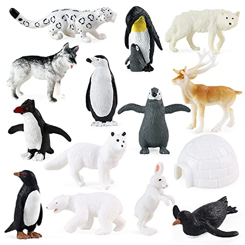 RCOMG Arctic Animals Figures 14pcs Mini Polar Animal Figurines Plastic Arctic Animal Toys Set with Arctic Fox Wolf Reindeer Penguins Toys - Image 1