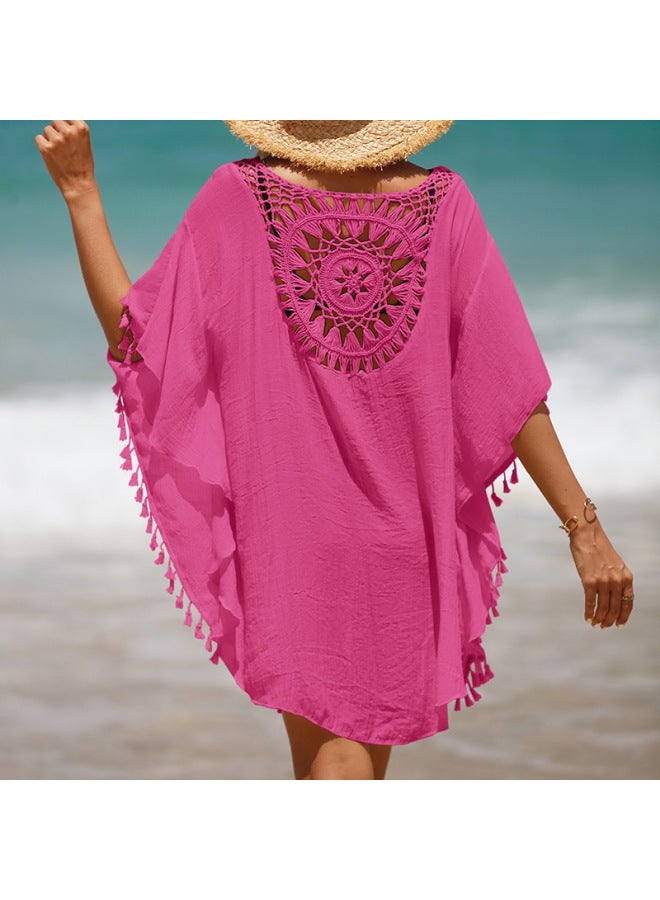 إسكدنيا بلوزة شاطئ مجوفة بشراشيب ملابس سباحة بي أوروبية وأمريكية للشاطئ قميص واقي من الشمس للسيدات - اللون: أحمر وردي - - Image 1