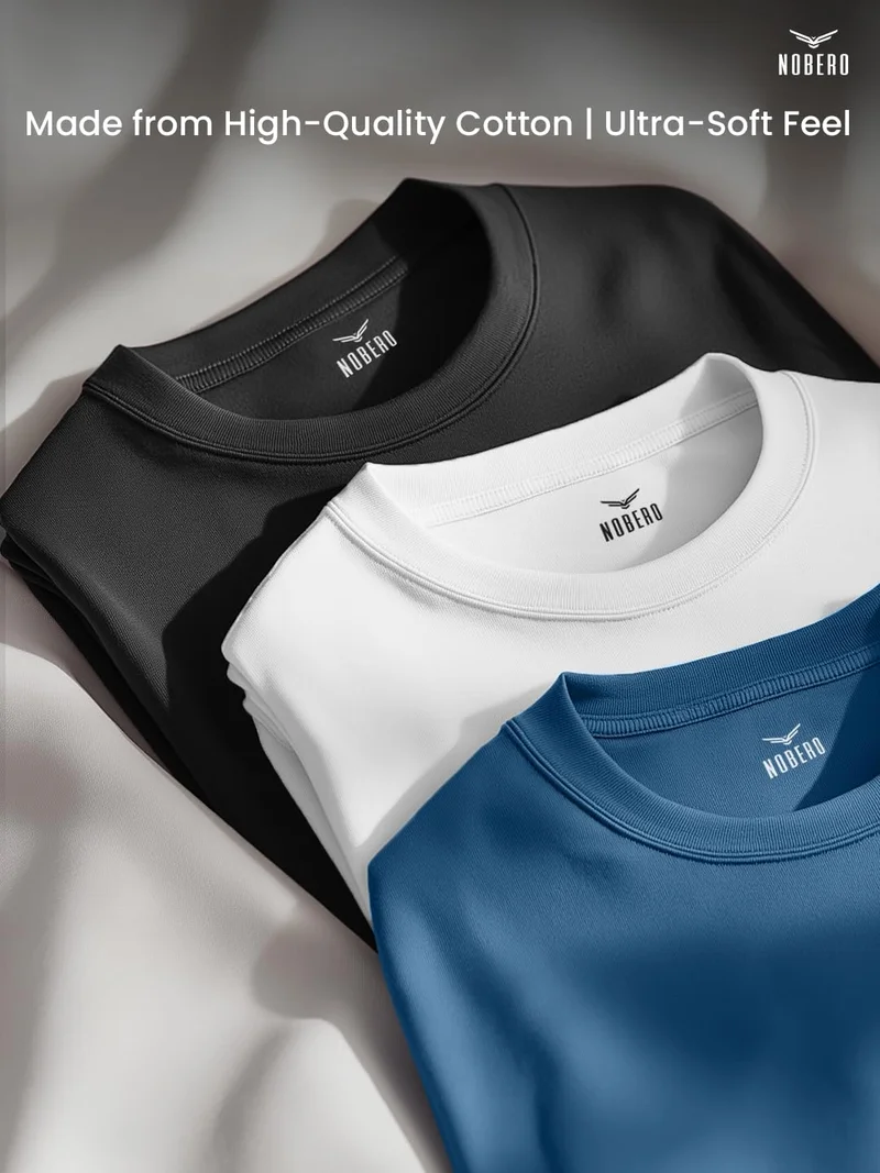 نوبيرو Men's Cotton Solid Regular Fit T-Shirt - Pack of 3