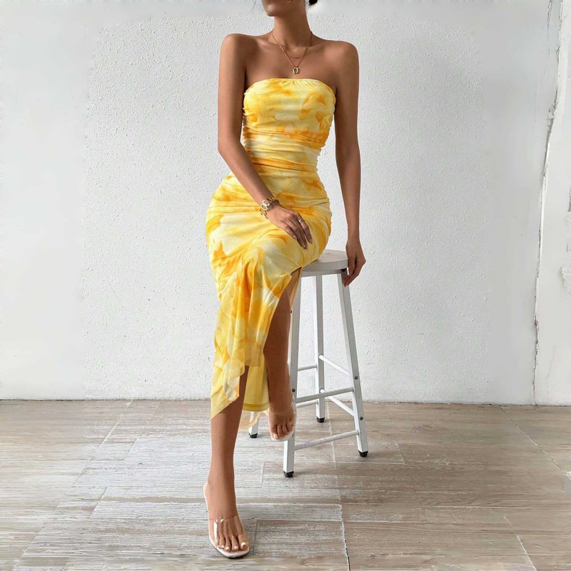 Women's Floral Pleated High Waist Slim Strapless Bodycon Slit Midi Dress - Image 2