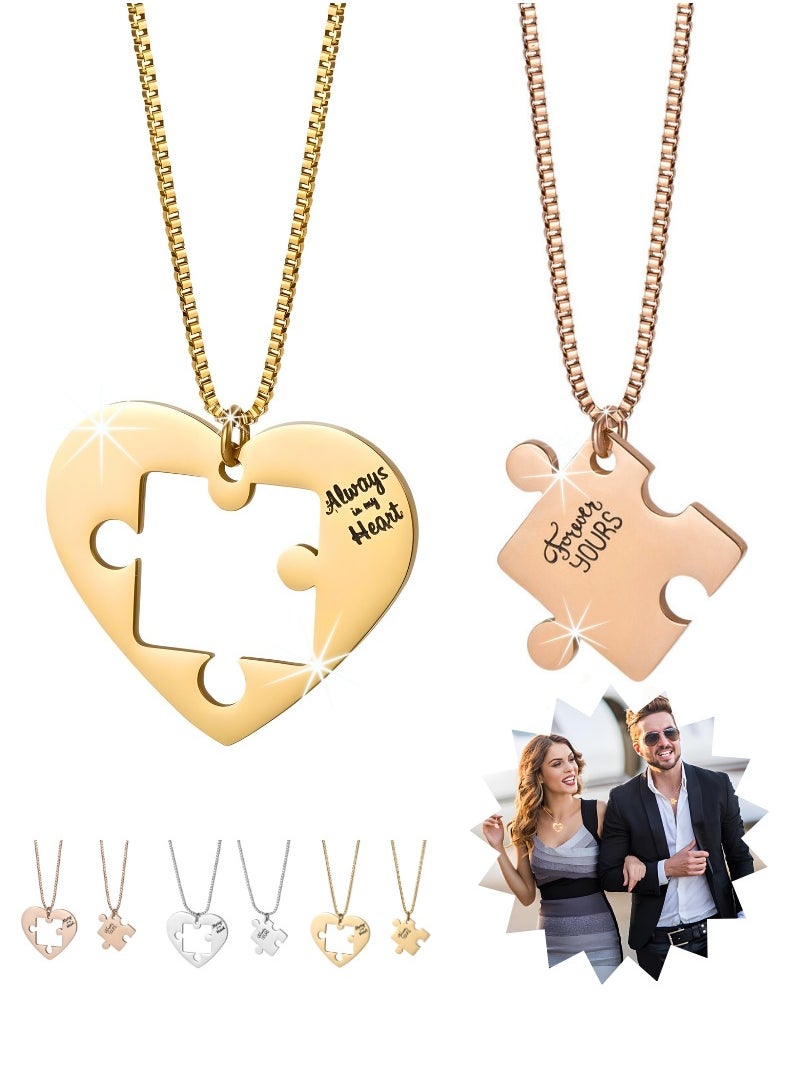 Ringfinity - Romantic Couple Necklace Set - 2PCS Matching Pendants - Love Heart Puzzle Design - Unisex Hypoallergenic Stainless Steel Jewelry - 18K Gold & Rose Plated - 18+2 Inch Extension - Image 1
