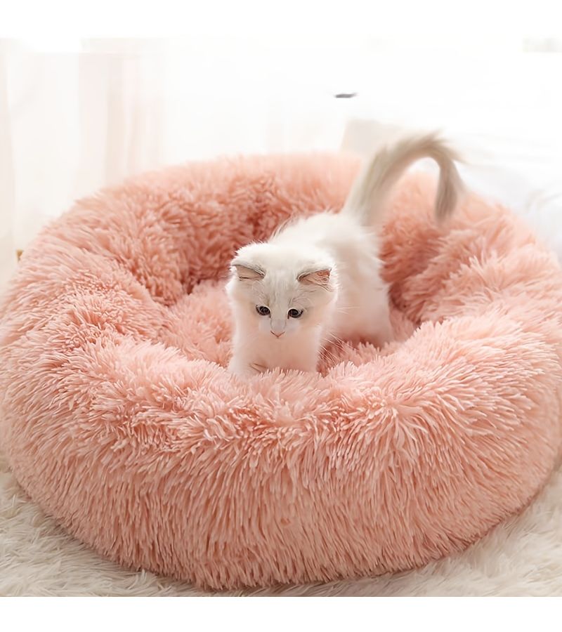 Grey Donut Pet Bed 40cm Long Plush With Dome Lid For Small Dogs Cats Winter Warm - Image 2