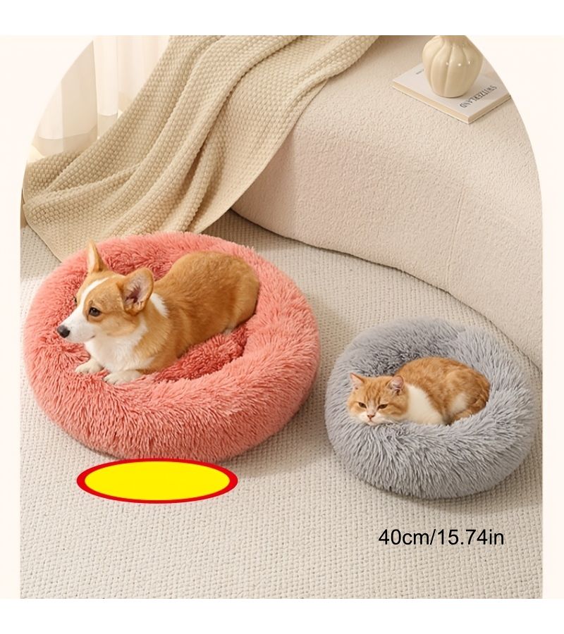 Grey Donut Pet Bed 40cm Long Plush With Dome Lid For Small Dogs Cats Winter Warm - Image 5
