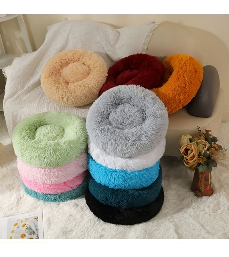 Grey Donut Pet Bed 40cm Long Plush With Dome Lid For Small Dogs Cats Winter Warm - Image 1