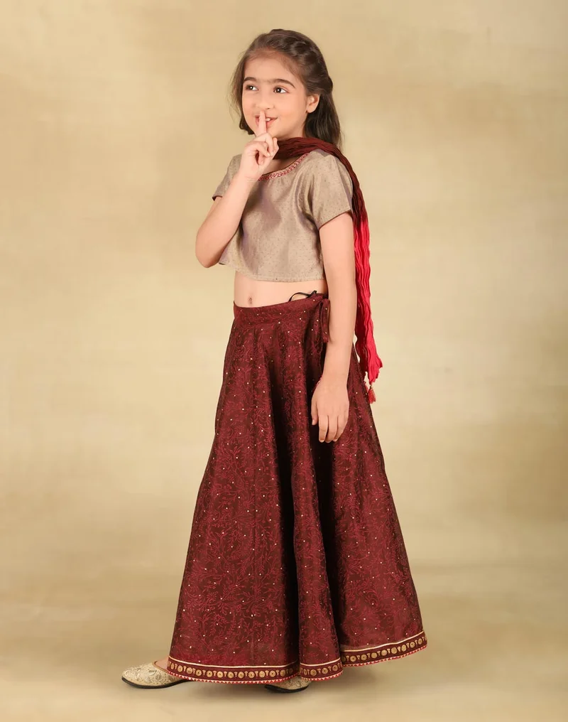 Fabindia Brown Cotton Silk Hand Block Printed 3Pc Lehenga Set