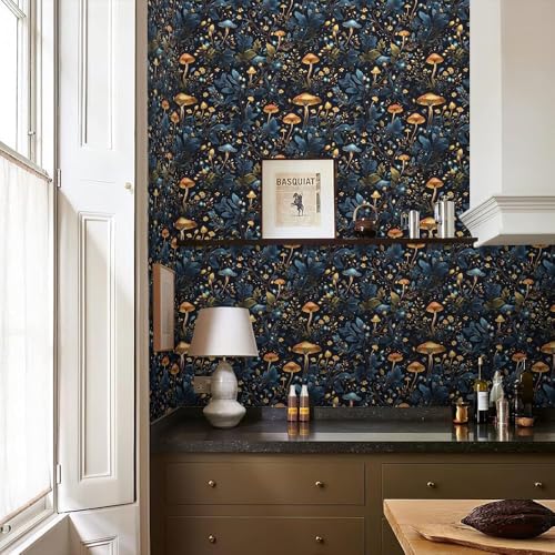 HOMEMATES Vintage Floral Peel and Stick Wallpaper Boho Floral Self-Adhesive Contact Paper for Bedroom, Wardrobe, Desktop – 45 x 304cm Removable Flower Wall Sticker (Mushroom Forest Blue) - Image 4