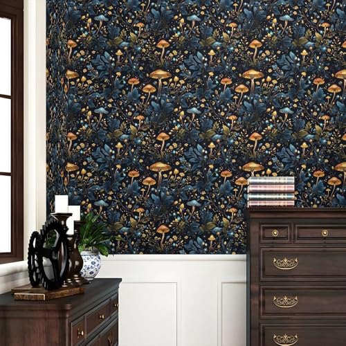 HOMEMATES Vintage Floral Peel and Stick Wallpaper Boho Floral Self-Adhesive Contact Paper for Bedroom, Wardrobe, Desktop – 45 x 304cm Removable Flower Wall Sticker (Mushroom Forest Blue) - Image 2