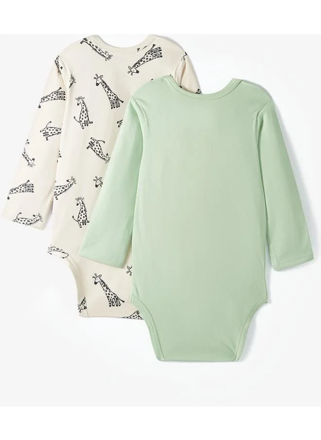 JUNE June Baby Envelope Neck 2-Pack Giraffe Printed Long Sleeve Bodysuit Beige - Light Green