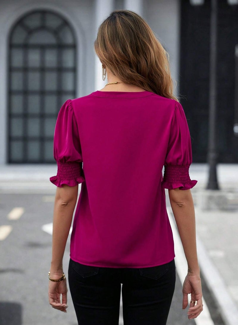 Shougu New V-neck Style Bubble Sleeve Solid Color Shirt Women's Top  - Image 2
