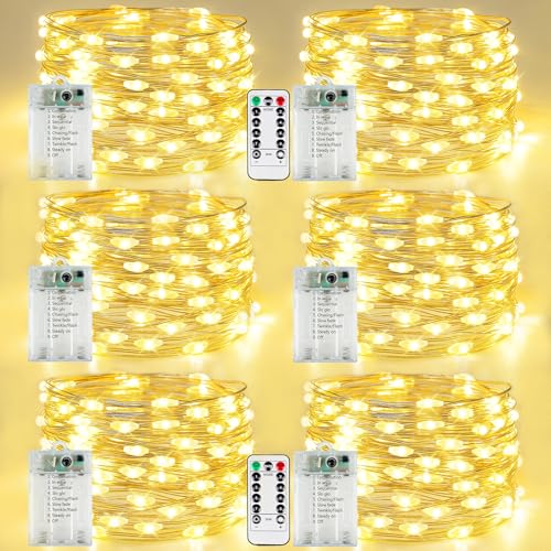 YIQU 6 Pack Fairy Lights Battery Operated with Remote Control Timer 26 FT 80 LED String Lights Outdoor Indoor 8 Mode Twinkle Lights for Christmas Party Wedding Birthday Bedroom Decorations Warm White - Image 1