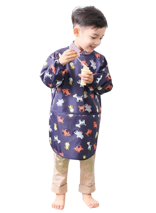 Plie Kids Painting Apron - Waterproof Long Sleeve Art Smock for Toddlers & Preschoolers, Messy Play, Baking, Crafts, Cooking, Sensory Activities (Ages 1-10), Navy Animal (03-L) - Image 1
