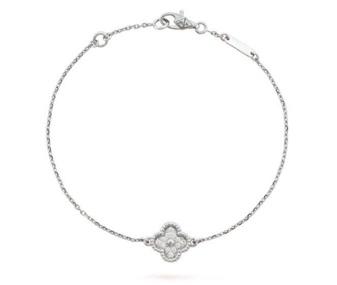 Mini Clover Bracelet for Women – Full Rhinestone Single Flower, Silver-Tone Dainty Chain, Elegant Everyday & Party Jewelry