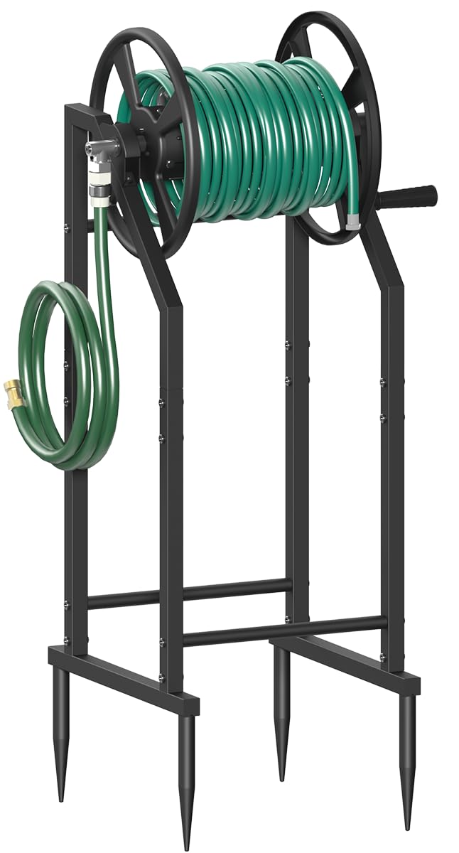 Mokeyder 4-Spike Garden Hose Reel with 3.9ft Leader Hose & Stainless Fitting, Outdoor Hose Holder holds 125ft Hose of 5/8", Freestanding Metal Hose Stand for Outside Yard Lawn, Black - Image 1