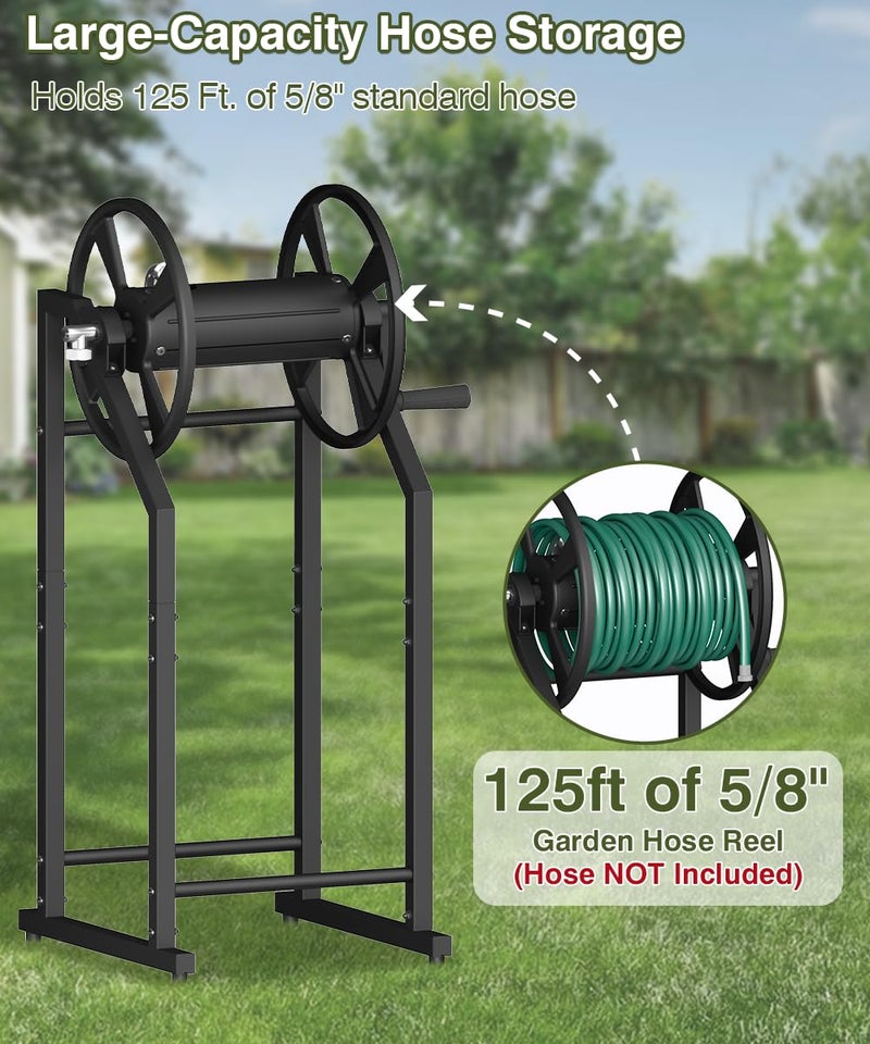 Mokeyder 4-Spike Garden Hose Reel with 3.9ft Leader Hose & Stainless Fitting, Outdoor Hose Holder holds 125ft Hose of 5/8", Freestanding Metal Hose Stand for Outside Yard Lawn, Black - Image 4