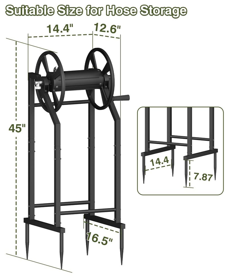 Mokeyder 4-Spike Garden Hose Reel with 3.9ft Leader Hose & Stainless Fitting, Outdoor Hose Holder holds 125ft Hose of 5/8", Freestanding Metal Hose Stand for Outside Yard Lawn, Black - Image 2