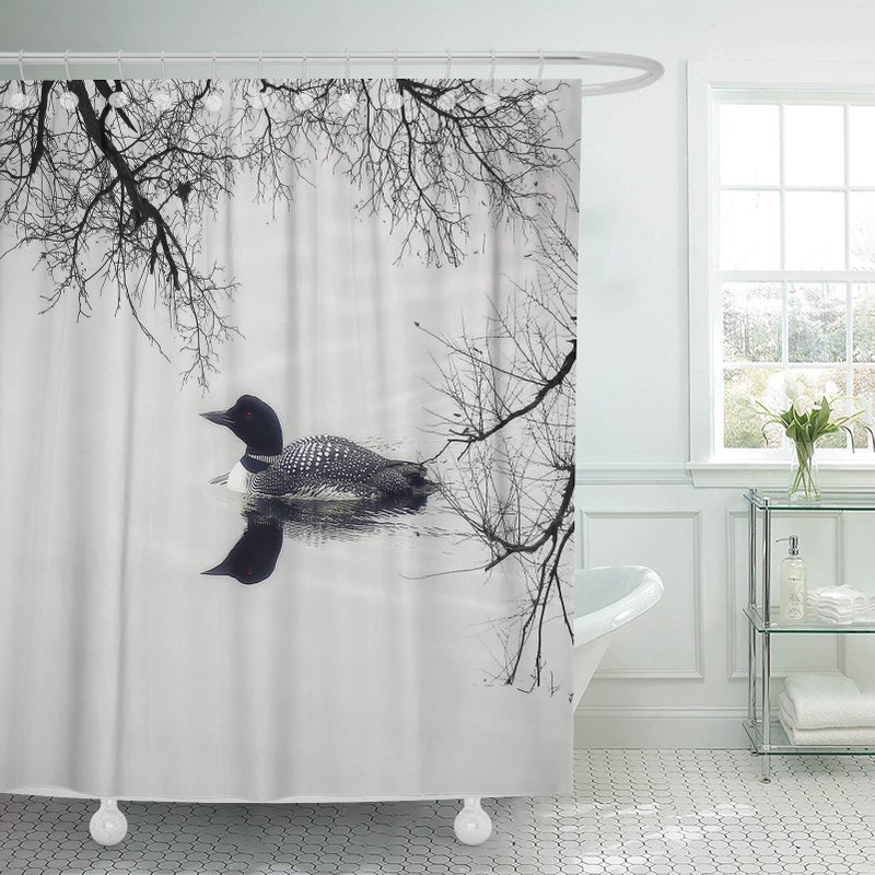 Semtomn Shower Curtain Water Black and White Loon Lake Cottage Bird 72x72 Home Decor Waterproof Bath Bathroom Curtain Set with Hooks