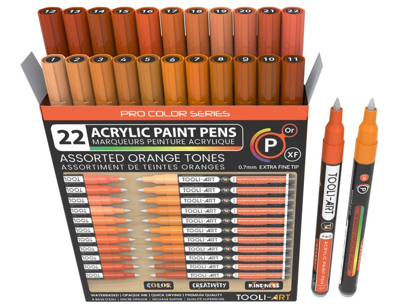TOOLI-ART Acrylic Paint Pens 22 Orange Tones Assorted Pro Color Series Markers Set 0.7mm Extra Fine Tip for Rock Painting, Glass, Mugs, Wood, Metal, Canvas, Projects, Non Toxic, Waterbased, Quick Drying - Image 1