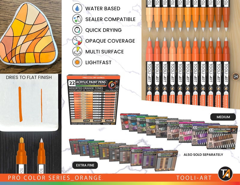 TOOLI-ART Acrylic Paint Pens 22 Orange Tones Assorted Pro Color Series Markers Set 0.7mm Extra Fine Tip for Rock Painting, Glass, Mugs, Wood, Metal, Canvas, Projects, Non Toxic, Waterbased, Quick Drying - Image 5