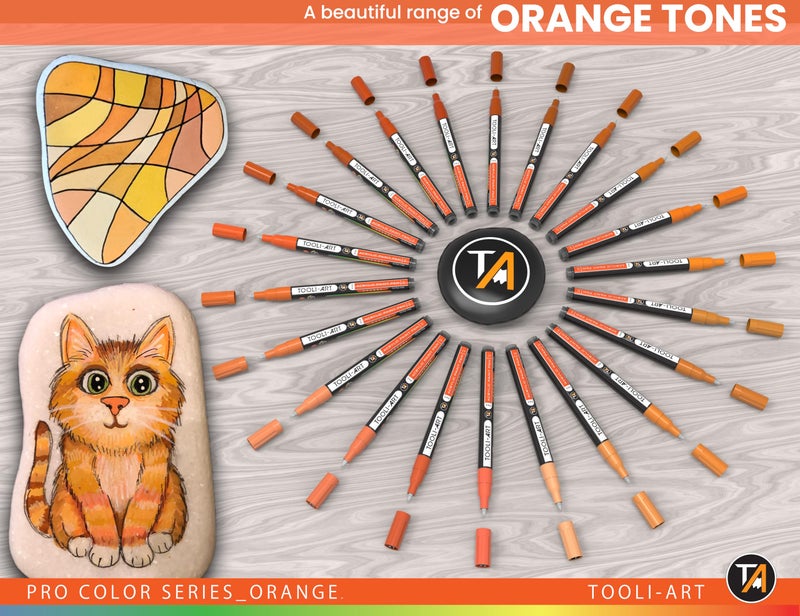 TOOLI-ART Acrylic Paint Pens 22 Orange Tones Assorted Pro Color Series Markers Set 0.7mm Extra Fine Tip for Rock Painting, Glass, Mugs, Wood, Metal, Canvas, Projects, Non Toxic, Waterbased, Quick Drying - Image 3