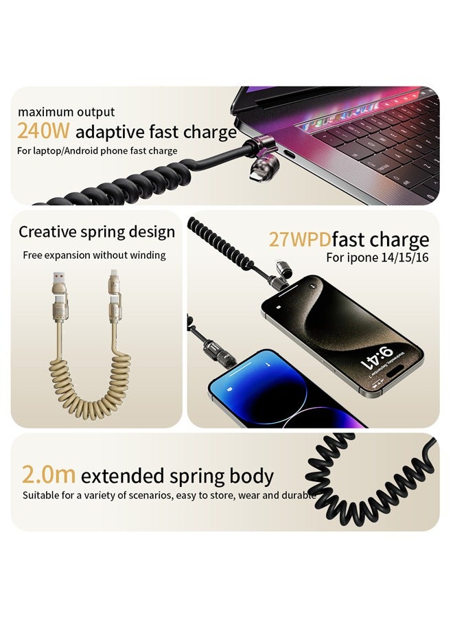 240W 4-in-1 Super Fast Charging Cable，Multifunctional Spring Retractable Charging Cable，for iPhone/Samsung/Huawei/ Laptop And More (Gold,2M) - Image 4