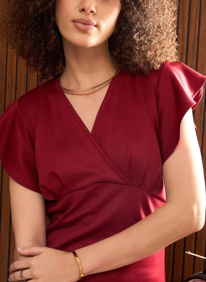 ساسافراس فستان ميدي ضيق للنساء بلون عنابي