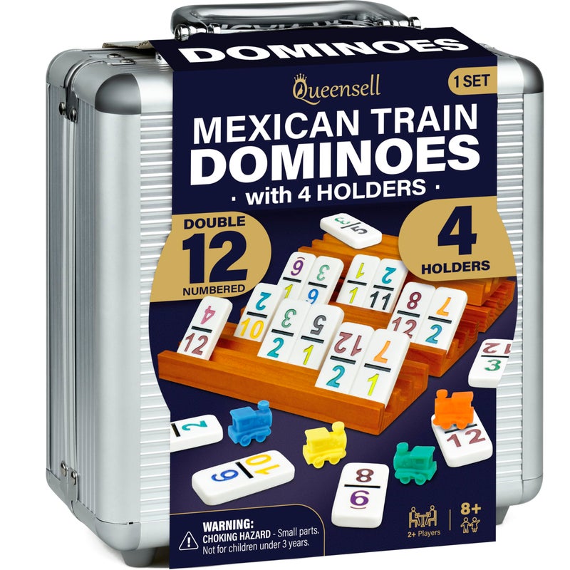 Queensell Mexican Train Dominoes Set with Numbers, Double 12 Dominoes Sets for Adults, Mexican Domino Train for Adults and Family - Domino Sets 91 Tiles with Aluminum Case - Image 1