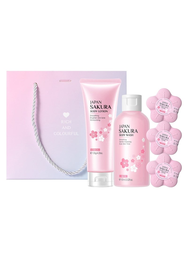 Laikou Women's Sakura Bath Set, Women's Pampering Gift Basket Birthday Gift for Mom, Friends, Sisters, Wife - Includes Sakura Shower Gel 100ml, Body Lotion 120ml, Bubble Bomb Bath Salt 30g*3  - Image 1