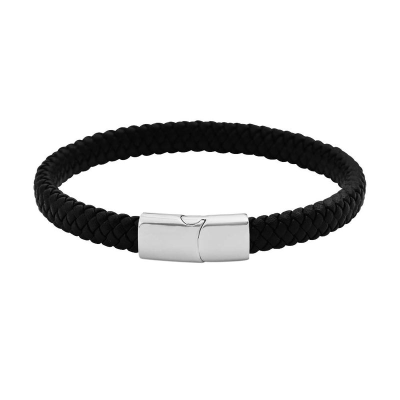 Geoffrey Beene Men's Braided Genuine Leather Bracelet with Stainless Steel Closure (Silver) - Image 2
