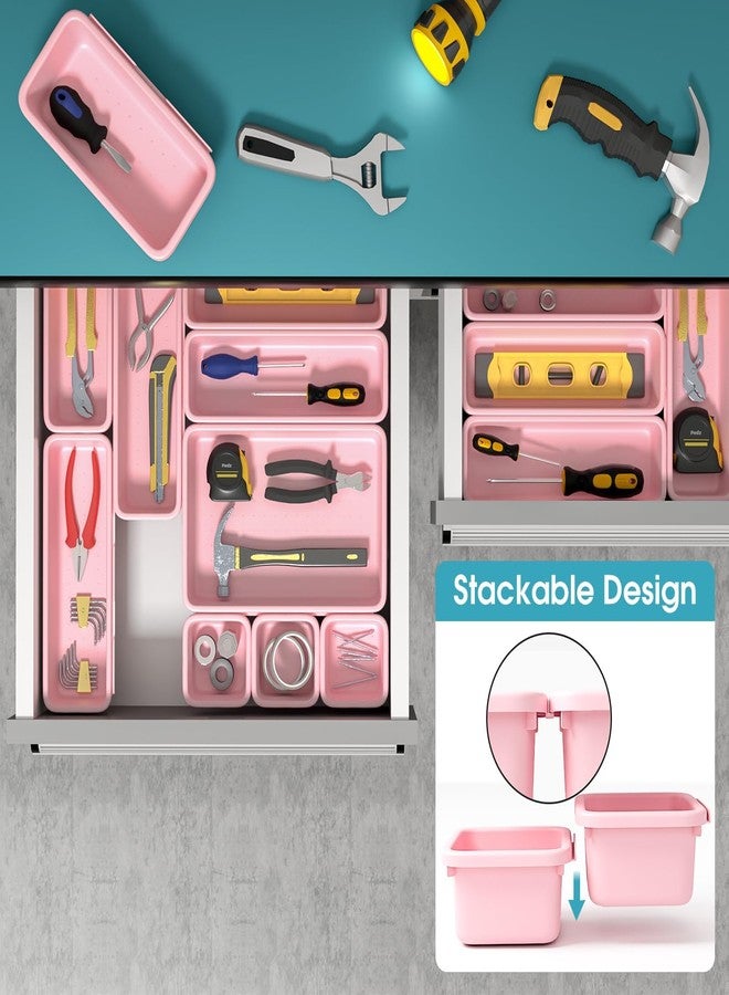 StoreHappily 10 PCS Drawer Organizer Set, 4 Size Makeup Drawer Divider Organizer With Non-Slip Pads, Interlocking Plastic Storage Bins for Office,Jewelry Vanity,Gadgets, Bathroom,Kitchen, Pink - Image 5