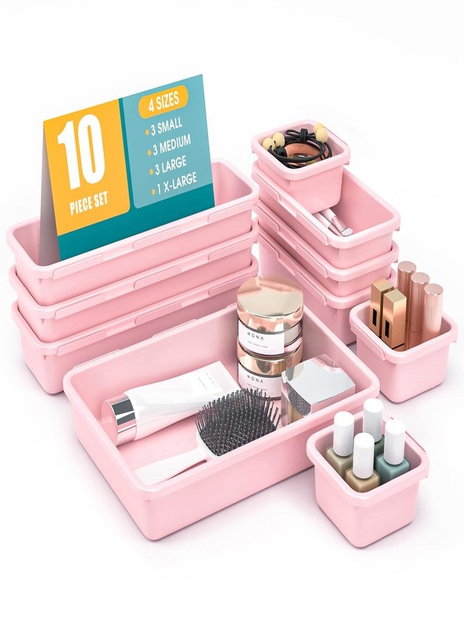 StoreHappily 10 PCS Drawer Organizer Set, 4 Size Makeup Drawer Divider Organizer With Non-Slip Pads, Interlocking Plastic Storage Bins for Office,Jewelry Vanity,Gadgets, Bathroom,Kitchen, Pink - Image 1
