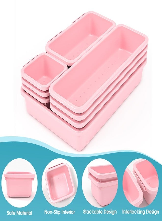 StoreHappily 10 PCS Drawer Organizer Set, 4 Size Makeup Drawer Divider Organizer With Non-Slip Pads, Interlocking Plastic Storage Bins for Office,Jewelry Vanity,Gadgets, Bathroom,Kitchen, Pink - Image 3