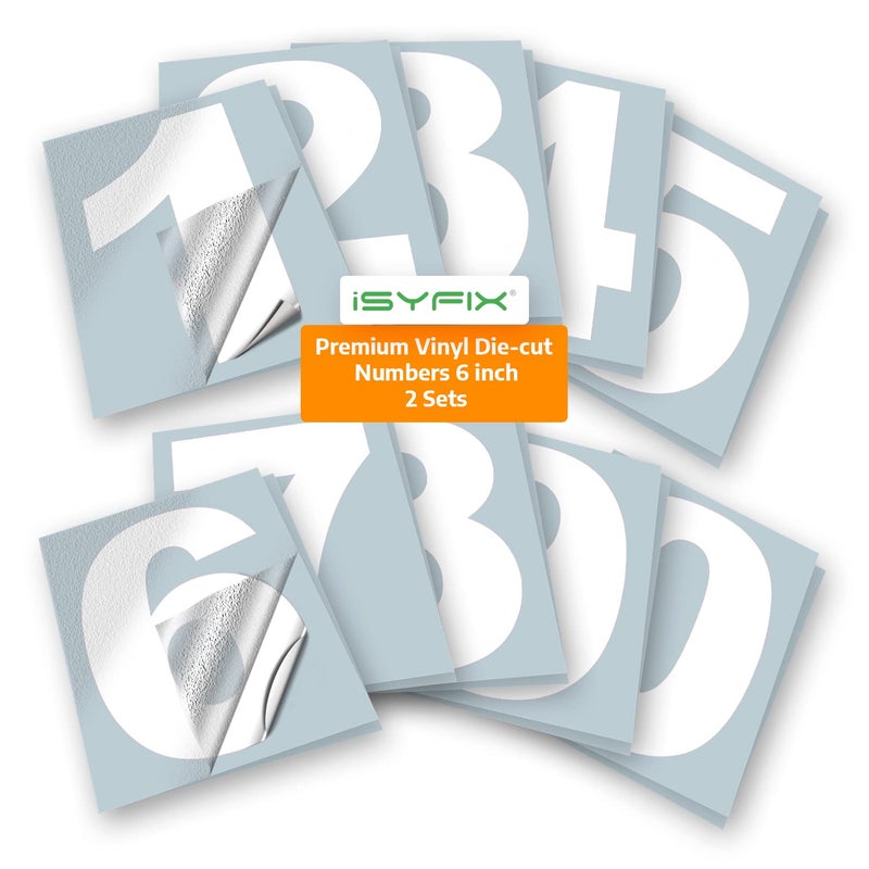 iSYFIX White Vinyl Numbers Stickers,6 Inch Self Adhesive (2 Sets),Premium Decal Die Cut and Pre-Spaced for Mailbox, Signs, Window, Doors, Cars, Trucks, Homes, Address Numbers, Indoor & Outdoor - Image 1