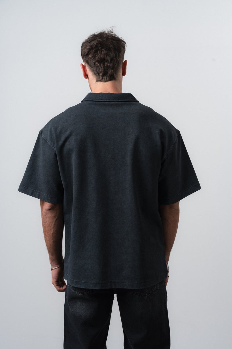 RESPIRE Men's Pray Embroidered Polo Collar Oversize T-Shirt Black - Image 3