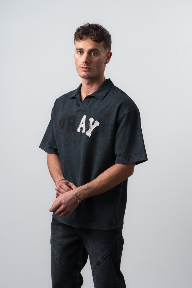 RESPIRE Men's Pray Embroidered Polo Collar Oversize T-Shirt Black - Image 2