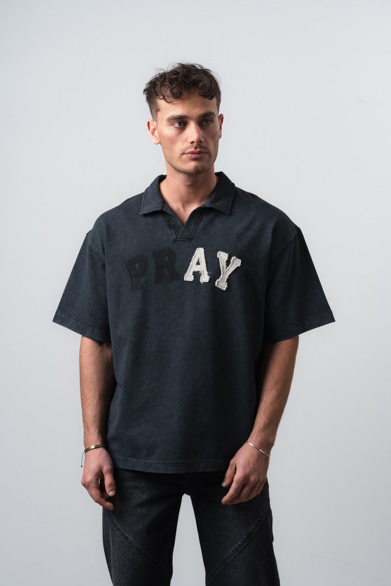 RESPIRE Men's Pray Embroidered Polo Collar Oversize T-Shirt Black - Image 1