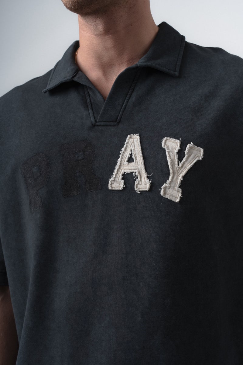 RESPIRE Men's Pray Embroidered Polo Collar Oversize T-Shirt Black - Image 4