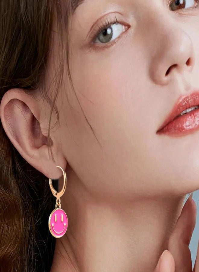 LitTown Smiley Face Earrings Huggie Hoop Y2K Preppy Happy Lightning Bolt Heart Star Small Dangle Colorful Gold White Red Pink Yellow Blue Jewelry - Image 4